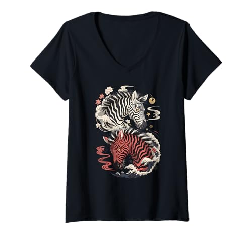 Damen Japanische Kunst Zebra Gut Und Teufel Zebras T-Shirt mit V-Ausschnitt Damen Japanische Kunst Zebra Gut Und Teufel Zebras T-Shirt mit V-Ausschnitt von Zebras Zebra Lover Gifts
