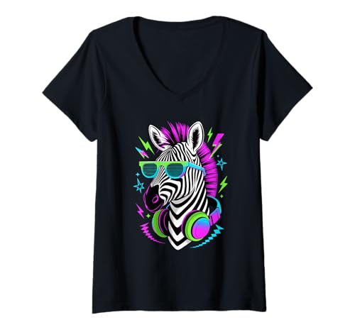 Damen Punk Ära Stil Zebra Sonnenbrillen Zebras T-Shirt mit V-Ausschnitt Damen Punk Ära Stil Zebra Sonnenbrillen Zebras T-Shirt mit V-Ausschnitt von Zebras Zebra Lover Gifts