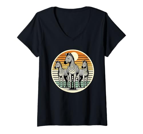 Damen Retro Sonnenuntergang Zebra Silhouette Zebras T-Shirt mit V-Ausschnitt Damen Retro Sonnenuntergang Zebra Silhouette Zebras T-Shirt mit V-Ausschnitt von Zebras Zebra Lover Gifts