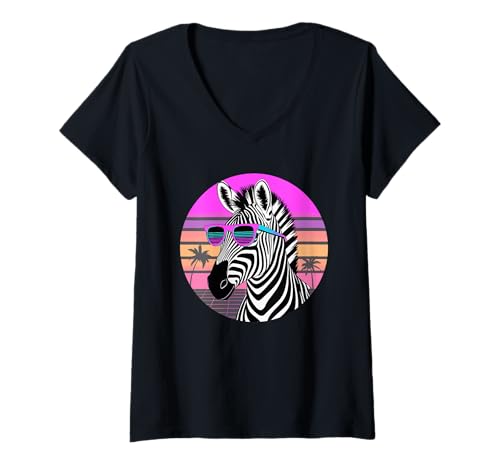 Damen Retro Synthwave Zebra Sonnenbrille Zebras T-Shirt mit V-Ausschnitt von Zebras Zebra Lover Gifts