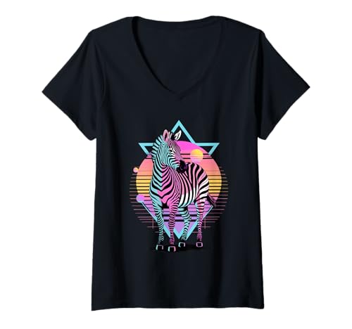 Damen Retro Synthwave Zebra Zebras T-Shirt mit V-Ausschnitt von Zebras Zebra Lover Gifts