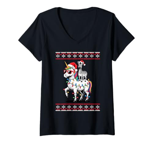 Damen Weihnachten Zebra Einhorn Sonnenbrille Zebras T-Shirt mit V-Ausschnitt Damen Weihnachten Zebra Einhorn Sonnenbrille Zebras T-Shirt mit V-Ausschnitt von Zebras Zebra Lover Gifts