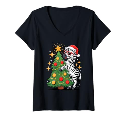 Damen Weihnachtsbaum Zebra Sonnenbrille Zebras T-Shirt mit V-Ausschnitt Damen Weihnachtsbaum Zebra Sonnenbrille Zebras T-Shirt mit V-Ausschnitt von Zebras Zebra Lover Gifts
