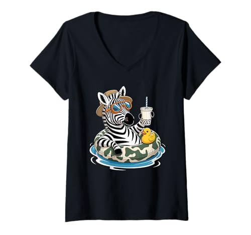 Damen Zebra Boba Perle Milchtee Zebras T-Shirt mit V-Ausschnitt von Zebras Zebra Lover Gifts
