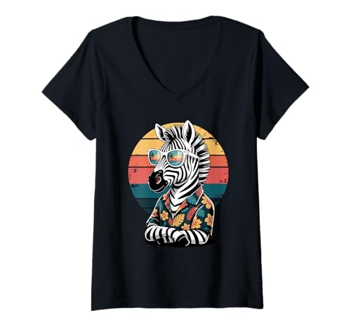 Damen Zebra Sonnenbrille Hawaii Strand Sommer Urlaub T-Shirt mit V-Ausschnitt von Zebras Zebra Lover Gifts