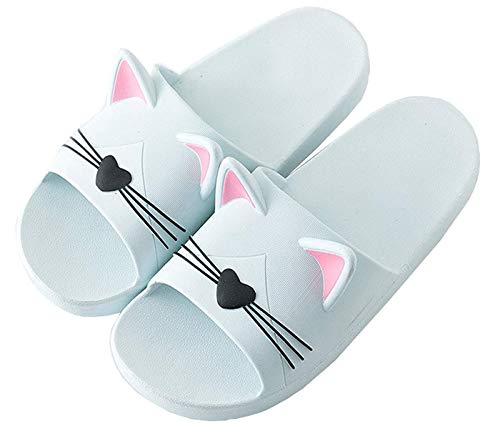 Zeeton Badelatschen Herren Hausschuhe Badeschlappen Damen Badeschuhe Kinder Rutschfeste Pantoletten Katze Slipper Strand Sandale Blau 40-41(EU39-40) von Zeeton