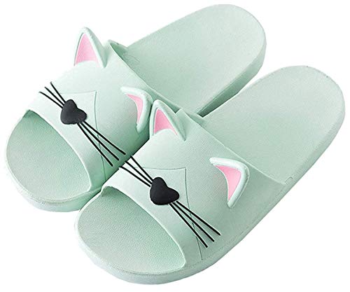 Zeeton Badelatschen Herren Hausschuhe Badeschlappen Damen Badeschuhe Kinder Rutschfeste Pantoletten Katze Slipper Strand Sandale Grün 38-39(EU37-38) von Zeeton