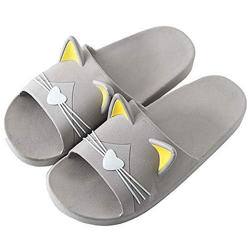 Zeeton Badelatschen Herren Hausschuhe Badeschlappen Damen Badeschuhe Kinder Rutschfeste Pantoletten Katze Slipper Strand Sandale Schwarz Grau 44-45(EU43-44) von Zeeton