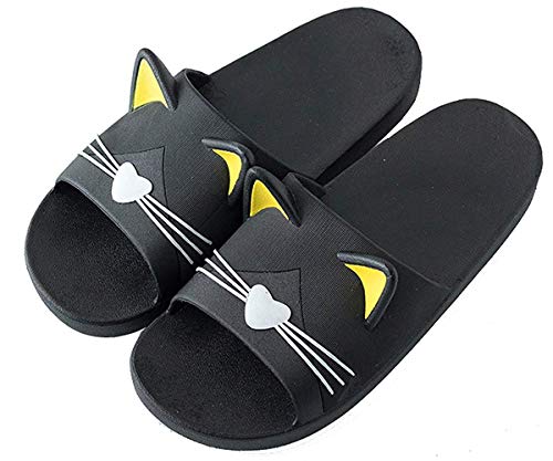 Zeeton Badelatschen Herren Hausschuhe Badeschlappen Damen Badeschuhe Kinder Rutschfeste Pantoletten Katze Slipper Strand Sandale Schwarz 42-43(EU41-42) von Zeeton