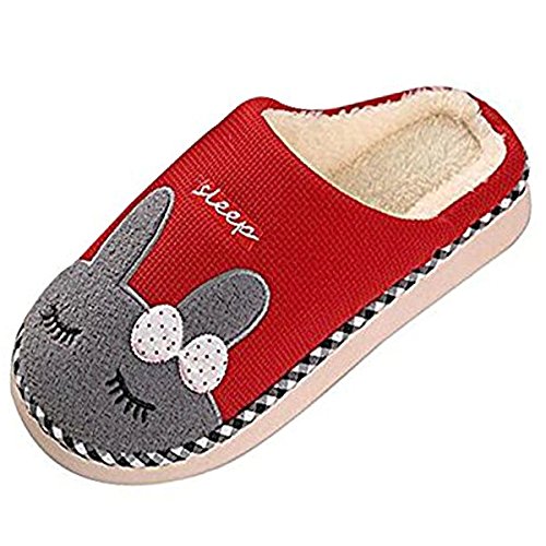 Zeeton Winter Baumwolle Pantoffeln Plüsch Warm Weiche Hausschuhe Kuschelige Home rutschfeste Slippers mit Hase Kinder Herren Damen Rot 40-41 von Zeeton