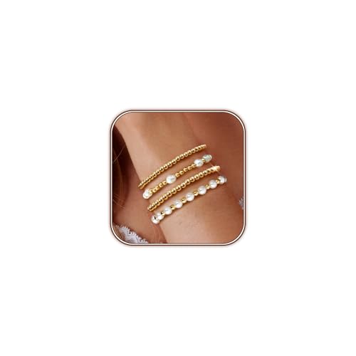 Zeffy Goldperlen-Armband für Damen, 14 Karat vergoldet, Schmuck-Set mit Büroklammer-Gliederkette, trendige Stapelarmbänder, 7.3", Messing, Perle Zeffy Goldperlen-Armband für Damen, 14 Karat vergoldet, Schmuck-Set mit Büroklammer-Gliederkette, trendige Stapelarmbänder, 7.3", Messing, Perle von Zeffy