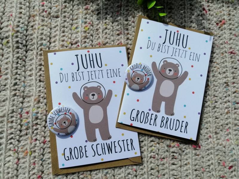 Geschenk Set Grußkarte Und Button Oder Magnet Große Schwester Großer Bruder Geschwister Als Mitbringsel Zur Babyparty Geburt von ZefixDieMacherei