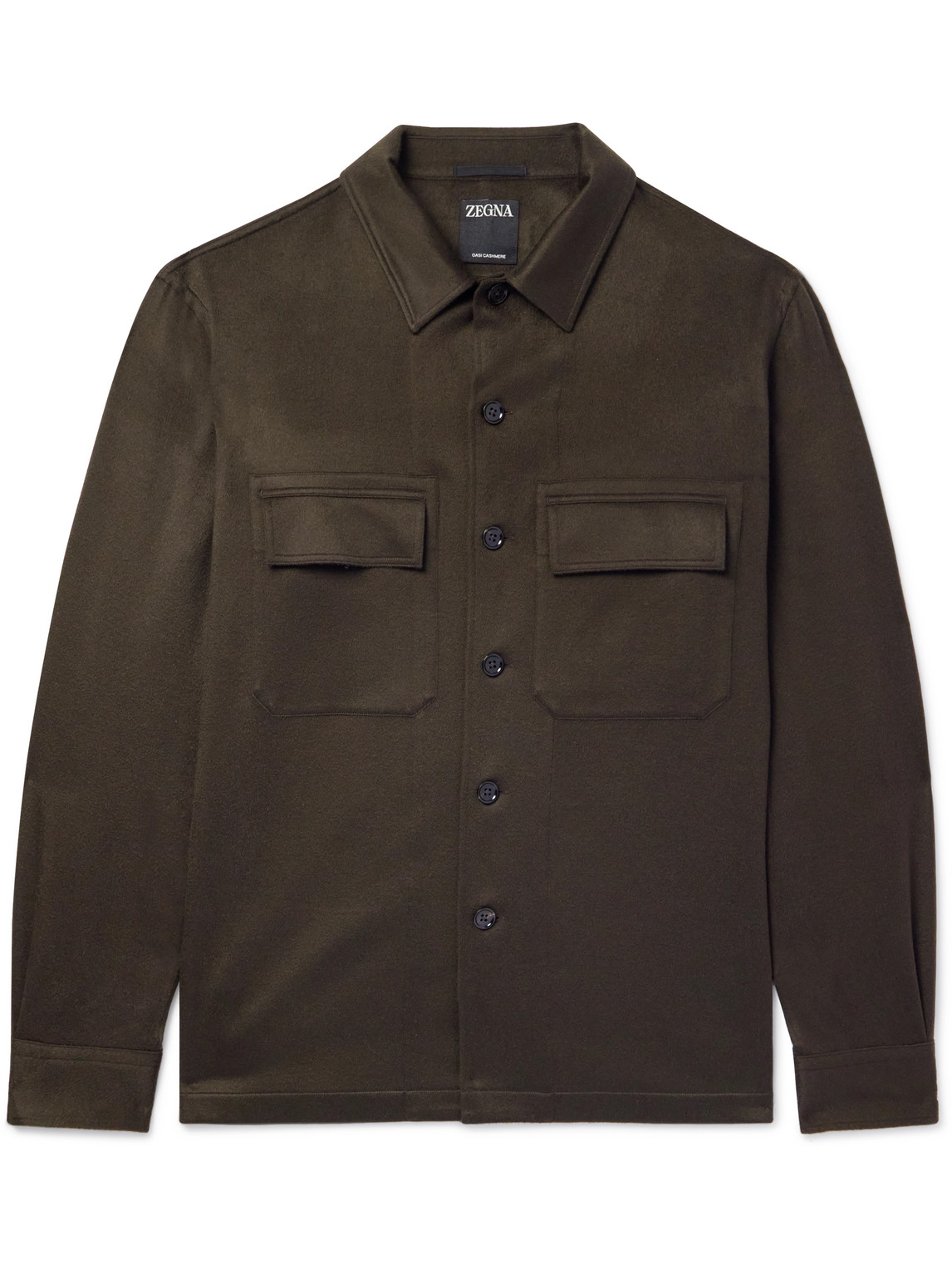 Zegna - Camp-Collar Logo-Appliquéd Leather-Trimmed Oasi Cashmere Overshirt - Men - Brown - XL von Zegna