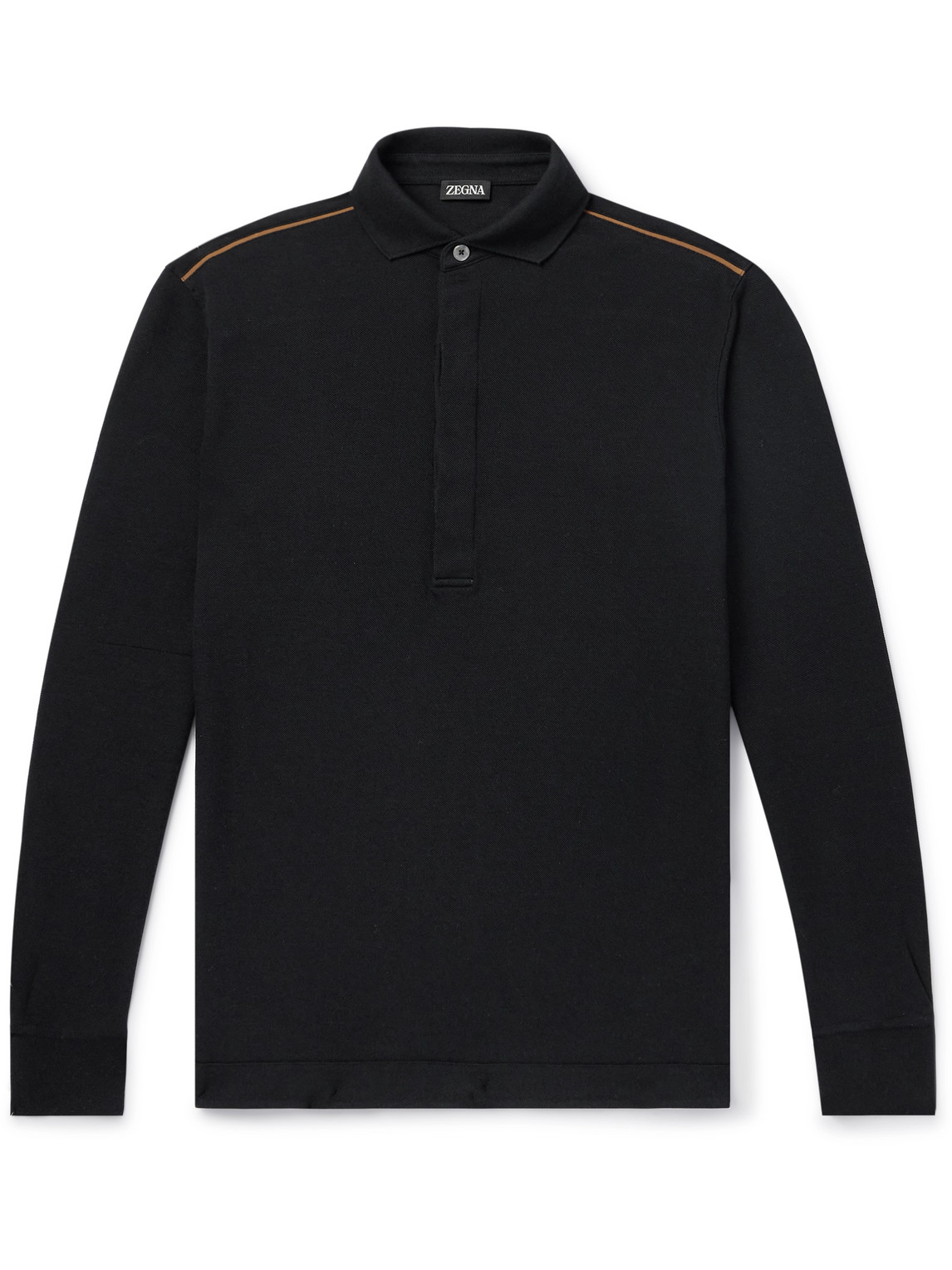 Zegna - Leather-Trimmed Cotton-Piqué Polo Shirt - Men - Black - IT 48 von Zegna