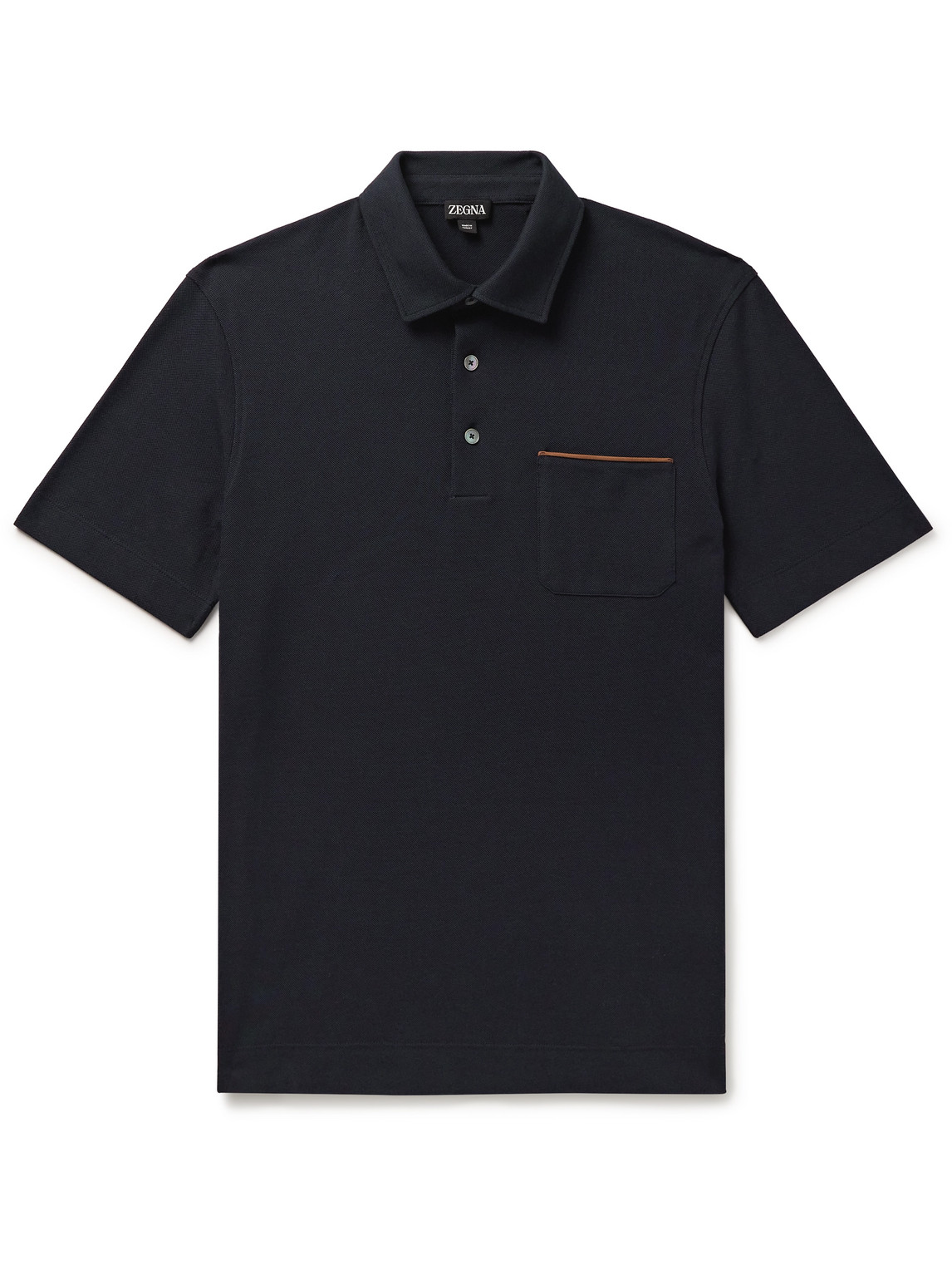 Zegna - Leather-Trimmed Cotton-Piqué Polo Shirt - Men - Blue - IT 48 von Zegna