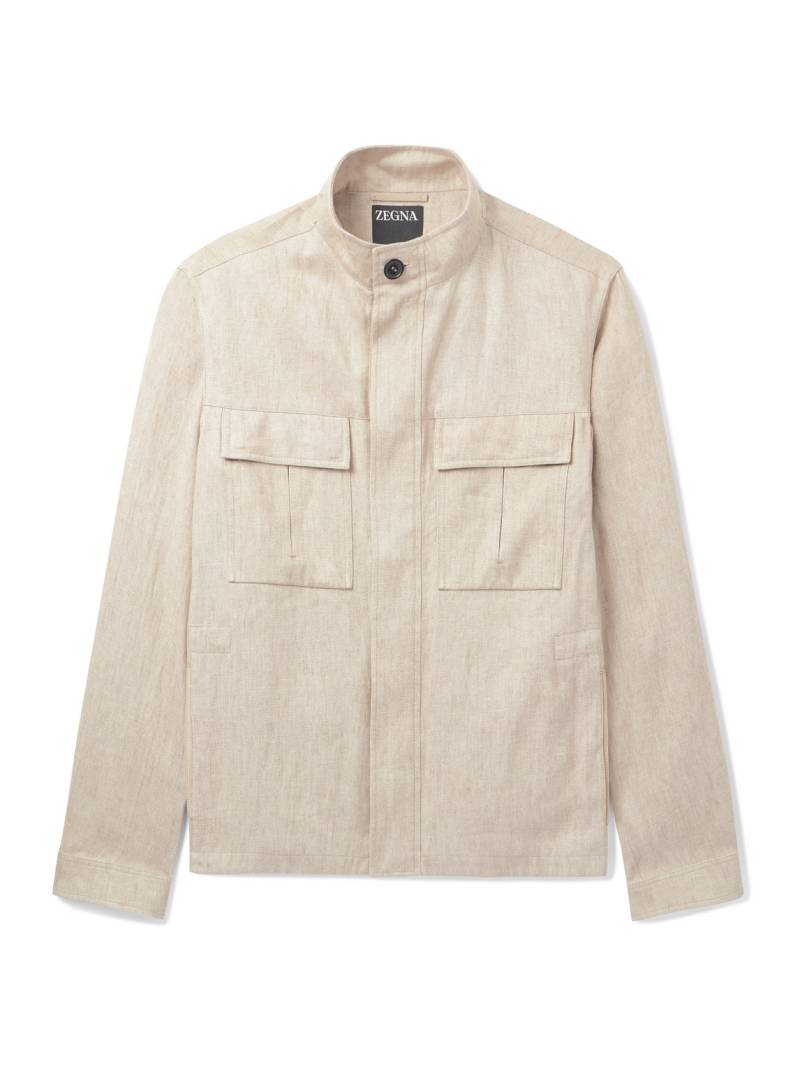 Zegna - Leather-Trimmed Linen Overshirt - Men - Neutrals - IT 54 von Zegna