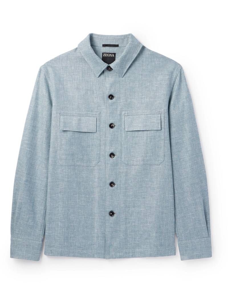 Zegna - Leather-Trimmed Woven Overshirt - Men - Blue - M von Zegna