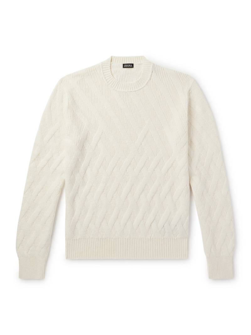 Zegna - Logo-Appliquéd Leather-Trimmed Basketweave Cotton Sweater - Men - Neutrals - IT 54 von Zegna