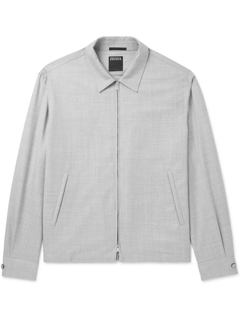 Zegna - Logo-Appliquéd Leather-Trimmed Wool-Gabardine Harrington Jacket - Men - Gray - XXL von Zegna