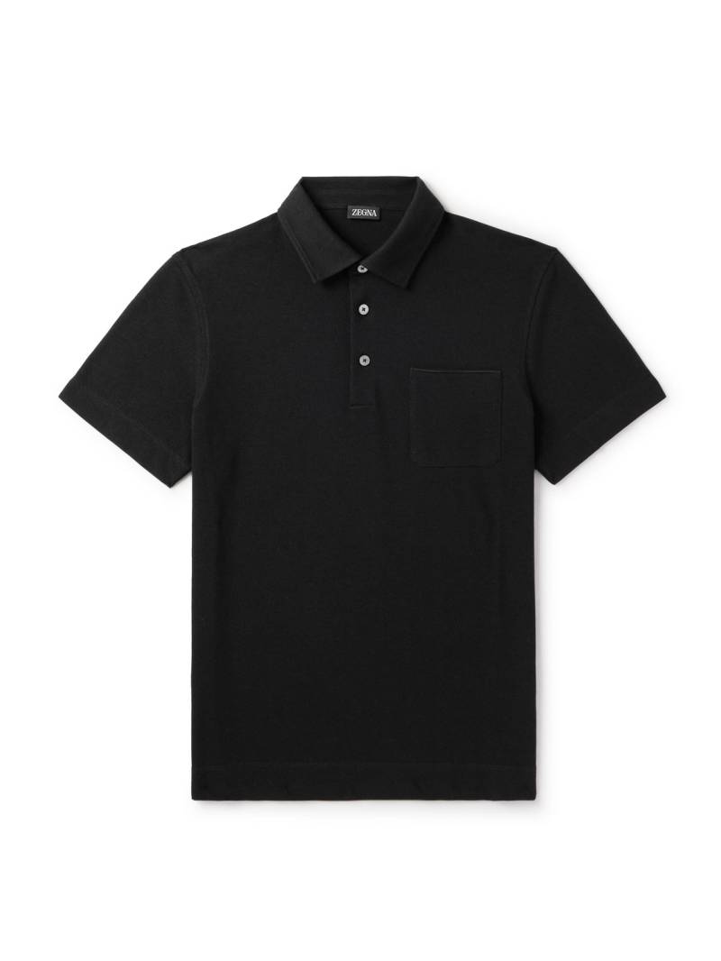 Zegna - Slim-Fit Leather-Trimmed Cotton-Piqué Polo Shirt - Men - Black - IT 50 von Zegna
