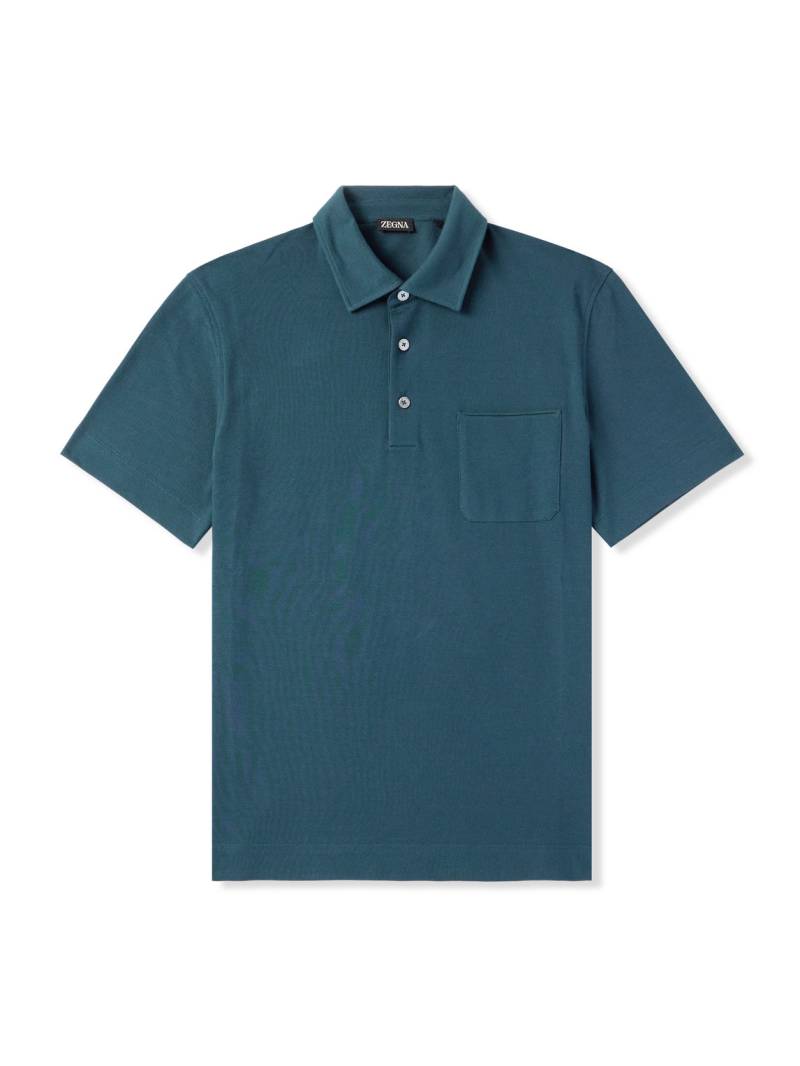 Zegna - Slim-Fit Leather-Trimmed Cotton-Piqué Polo Shirt - Men - Blue - IT 50 von Zegna