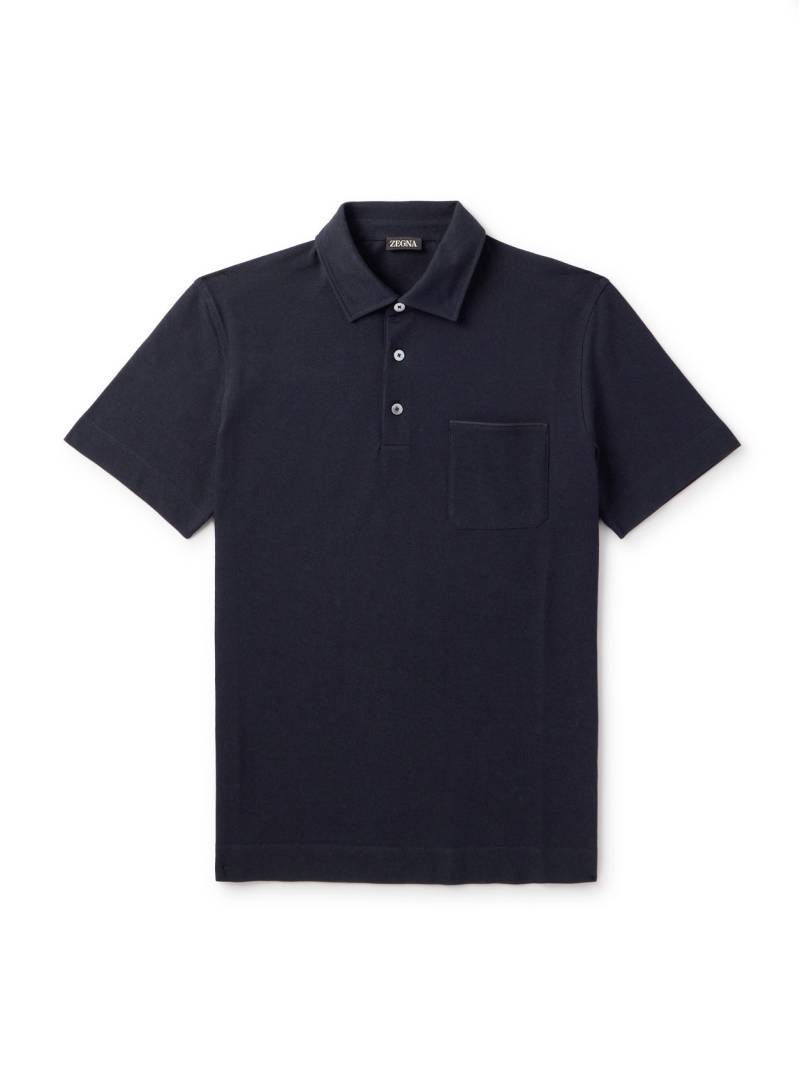 Zegna - Slim-Fit Leather-Trimmed Cotton-Piqué Polo Shirt - Men - Blue - IT 52 von Zegna