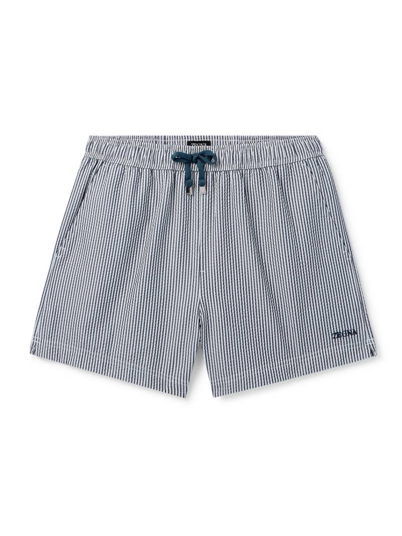 Zegna - Straight-Leg Mid-Length Striped Seersucker Shorts - Men - Blue - M von Zegna