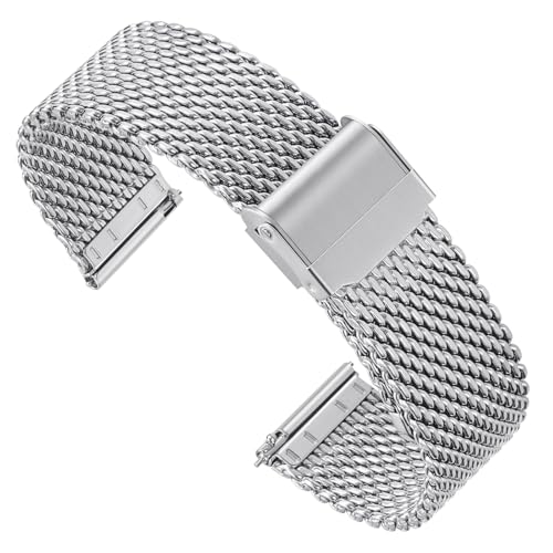 Zehior Edelstahl Metall Dick Gitter Uhrenarmbänder für Herren und Damen, Doppelter Sicherheitsverschluss, Schnellverschluss, Smart Watch Armbänder, Silber 19mm von Zehior
