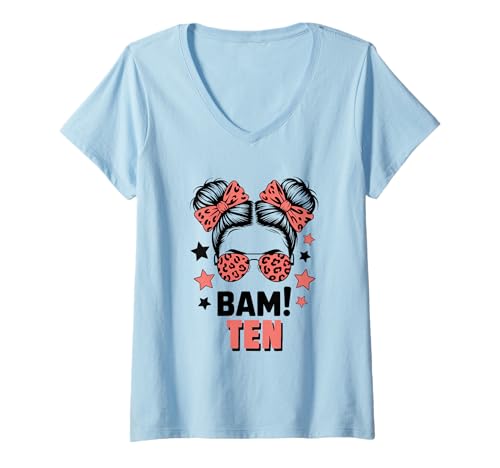 Damen 10. Geburtstag Mädchen Messy Bun Bäm! Zehn Jahre Alt T-Shirt mit V-Ausschnitt von Zehnter Geburtstag & 10. Geburtstag Design