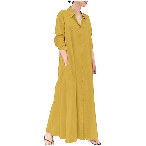 Baumwollkleider Damen Lang Sommerkleidung Leinen Shirt-Kleid Boho Große Größen mit Taschen Langarm V-Ausschnitt Falten Lange Leinenkleid Schichten Maxikleid Freizeitkleid Casual Oversize von Zeiayuas