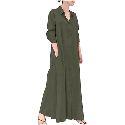 Baumwollkleider Damen Lang Sommerkleidung Leinen Shirt-Kleid Boho Große Größen mit Taschen Langarm V-Ausschnitt Falten Lange Leinenkleid Schichten Maxikleid Freizeitkleid Casual Oversize von Zeiayuas