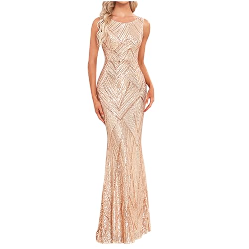 Cocktailkleider Damen Elegant Grosse GrössenAbendkleid Lang Elegant für Hochzeit Glitzer Kleid Abendkleid V-Ausschnitt Pailletten Spleißen Chiffon A-Linie große Swing-Kleider von Zeiayuas