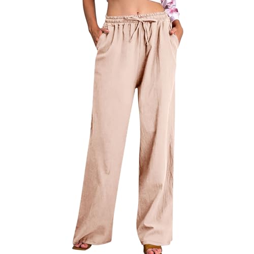 Damen Baumwolle Leinen Hosen Einfarbig Casual Leinenhose Mit Kordelzug Und Taschen Sommerhose LäSsig Lockere Freizeithose Bequeme Leichte Leinenhosen Freizeit Straight Leg Hose Stretch Stoffhose von Zeiayuas