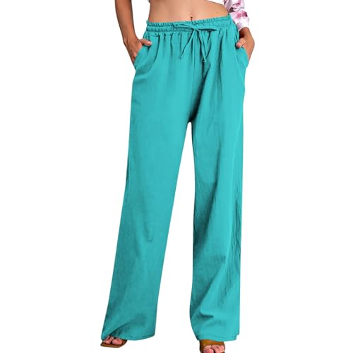 Damen Hosen Baumwolle Leinenhosen Einfarbig Lang Sommerhose Leichte Hohe Taille Weites Bein Mit Tunnelzug Und Taschen Lockere Leinenhose Loose Fit Stoffhose ÜBergrößE Luftige Freizeithose von Zeiayuas