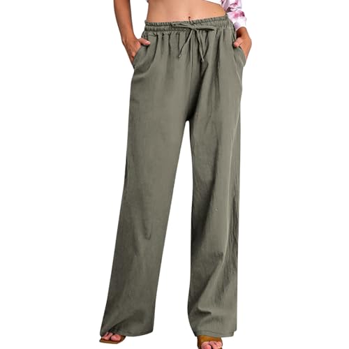 Damen Hosen Baumwolle Leinenhosen Einfarbig Lang Sommerhose Leichte Hohe Taille Weites Bein Mit Tunnelzug Und Taschen Lockere Leinenhose Loose Fit Stoffhose ÜBergrößE Luftige Freizeithose von Zeiayuas
