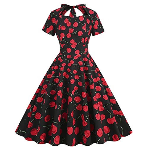 Damen Sommerkleid Kurzarm Leichtes Freizeitkleid mit Kirschen Print, Lockere Temperament A-Linie Kleid U-Ausschnitt Tailliert Strandkleid Rücken Tie Up Bleistiftkleid von Zeiayuas