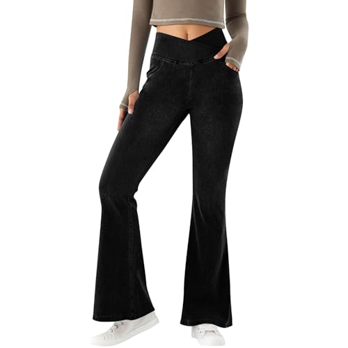 Damen V Crossover Hohe Taille Hose Ausgestellte Yogahose Casual Fitness Sporthose Einfarbig Vintage Freizeithose ÜBergrößE Modischer Sommerhose Komfortabel Bauchkontrolle Relaxhose Faux Denim Hosen von Zeiayuas