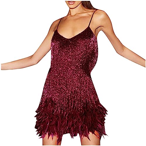 Fransenkleider Glitzer 20er Jahre Kleider Damen Ballkleid Kurz Eng Glitzerkleid Damen 1920er Fransenkleid mit Träger Sexy Schulterfrei Partykleid Elegant Tanzkleid Sexy Wickelkleider von Zeiayuas