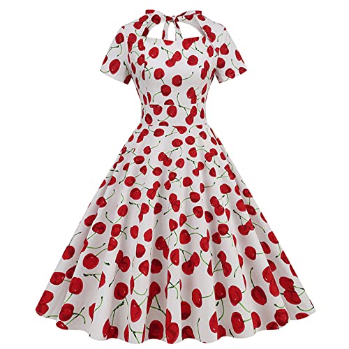 Generic 1950er Rockabilly Retro Kleider Damen Vintage Cherry Print Hepburn Kurzarm Kleid mit gebundenem Saum A-Linie Partykleid 50er Jahre Kleid Vintage Blumenkleid Bedrucktes Cocktailkleid von Zeiayuas