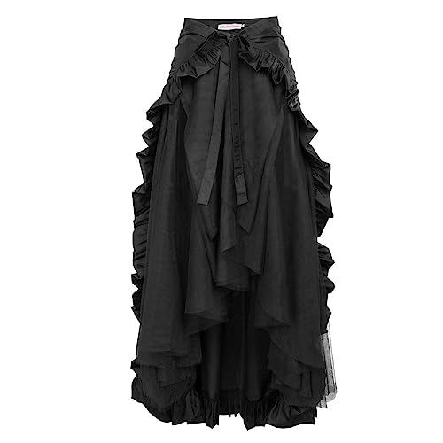 Generic Damen Gothic Steampunk Rock High-Low Mittelalter Maxirock Vintage A-Linie Mittelalter Gothic Rock mit hoher Taille und Rüschen Damen Rock Renaissance Kostüm Viktorianischer Piratenrock von Zeiayuas