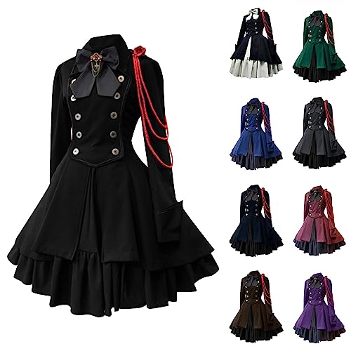 Gothic Kleidung Damen Vintage Geraffter Saum Kleid Sexy A-LinienRenaissance Hofkleid Punk Kleider mit Knöpfen Mittelalterliche Kleider Hemdkragen Kurzes Schwarzes Kleid Sexy Swing-Rock von Zeiayuas