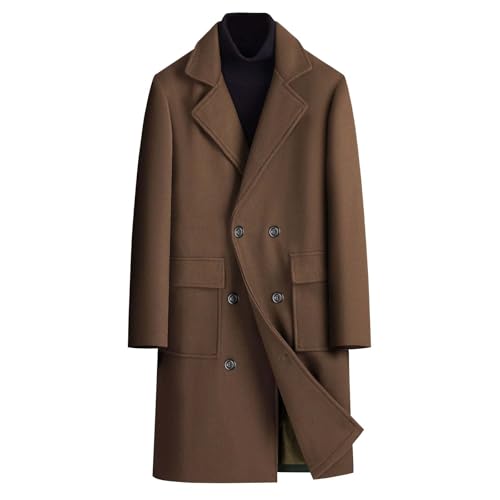 Herren Trenchcoat Zweireiher Atmungsaktiv Winterjacke mit Tasche, Einfarbig Outdoor Tweed Mantel Große Größe Elegant Wintermantel Freizeit Kläppchenkragen Wollmantel von Zeiayuas