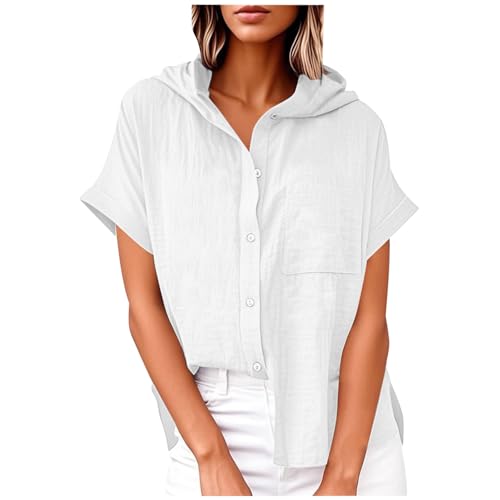 Kapuzenpullover Damen Hoodie Shirt Baumwolle Und Leinen KurzäRmlig Sommer Kurzarm Mit Kapuze Tunika Tops Lockere Oberteil Mit Taschen Elegant LäSsige Blusentop Zum KnöPfen Einfarbig Kurzarmhemd von Zeiayuas