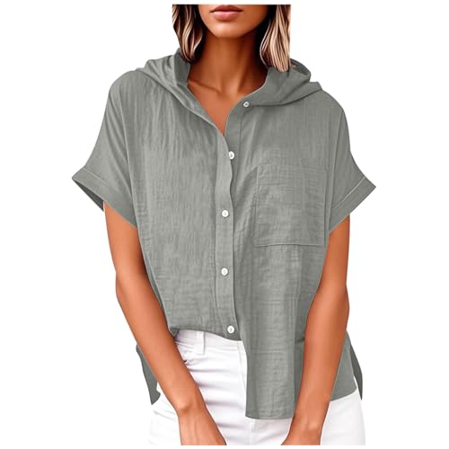 Kapuzenpullover Damen Hoodie Shirt Baumwolle Und Leinen KurzäRmlig Sommer Kurzarm Mit Kapuze Tunika Tops Lockere Oberteil Mit Taschen Elegant LäSsige Blusentop Zum KnöPfen Einfarbig Kurzarmhemd von Zeiayuas