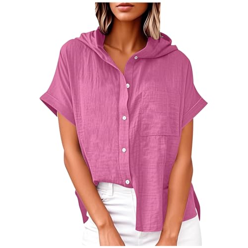 Kapuzenpullover Damen Hoodie Shirt Baumwolle Und Leinen KurzäRmlig Sommer Kurzarm Mit Kapuze Tunika Tops Lockere Oberteil Mit Taschen Elegant LäSsige Blusentop Zum KnöPfen Einfarbig Kurzarmhemd von Zeiayuas