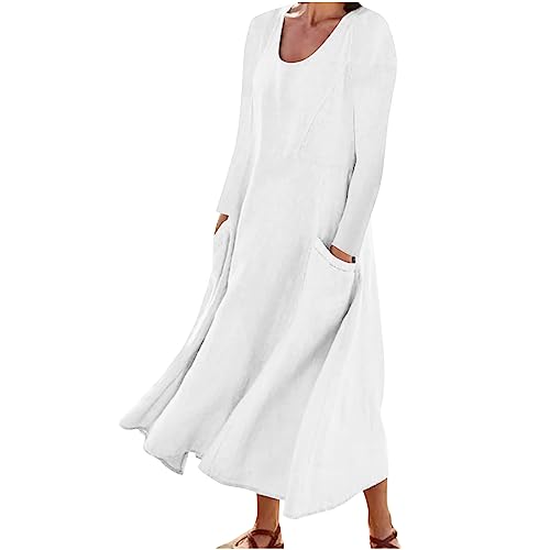 Langarm Baumwoll Leinen Tankkleid Damen Vintage Einfarbig Sommerkleid Gestreifte Strandkleid Lose Rundhals Maxikleid A-Linie Kleider Große Größen Partykleid Freizeitkleid mit Taschen von Zeiayuas