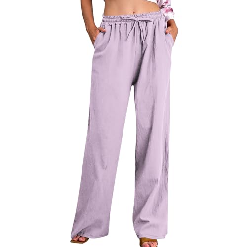 Leinenhose Damen Baumwolle Leinen Hose Casual Einfarbig Freizeithose Sommer Musselin Hosen LäSsig Modisch Sommerhose Lockere Strandhose Straight Bein Jogginghose Mit Taschen Lose Gerade Stoffhose von Zeiayuas