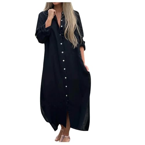 Leinenkleider Damen Sommer Grünes Kleid Hochzeitsgast Baumwollkleid Damen Langarmkleider Damen Elegant V-Ausschnitt Freizeitkleider Große Größe Partykleid Sommer Strandkleid A-Linie Kleid von Zeiayuas