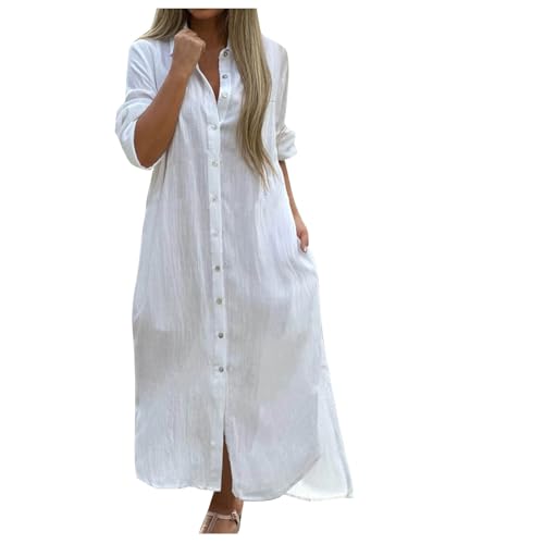 Leinenkleider Damen Sommer Grünes Kleid Hochzeitsgast Baumwollkleid Damen Langarmkleider Damen Elegant V-Ausschnitt Freizeitkleider Große Größe Partykleid Sommer Strandkleid A-Linie Kleid von Zeiayuas