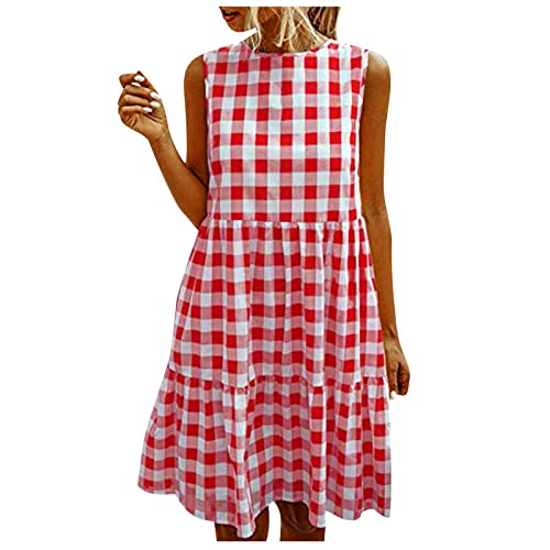 Leinenkleider Damen Sommer Kariertes Baumwollkleid mit Rundhalsausschnitt Etuikleid Kleid Rot Damen Festlich A-Linie Kleid Sommerkleider Freizeitkleider Vintage Baumwolle Leinen Kleider von Zeiayuas